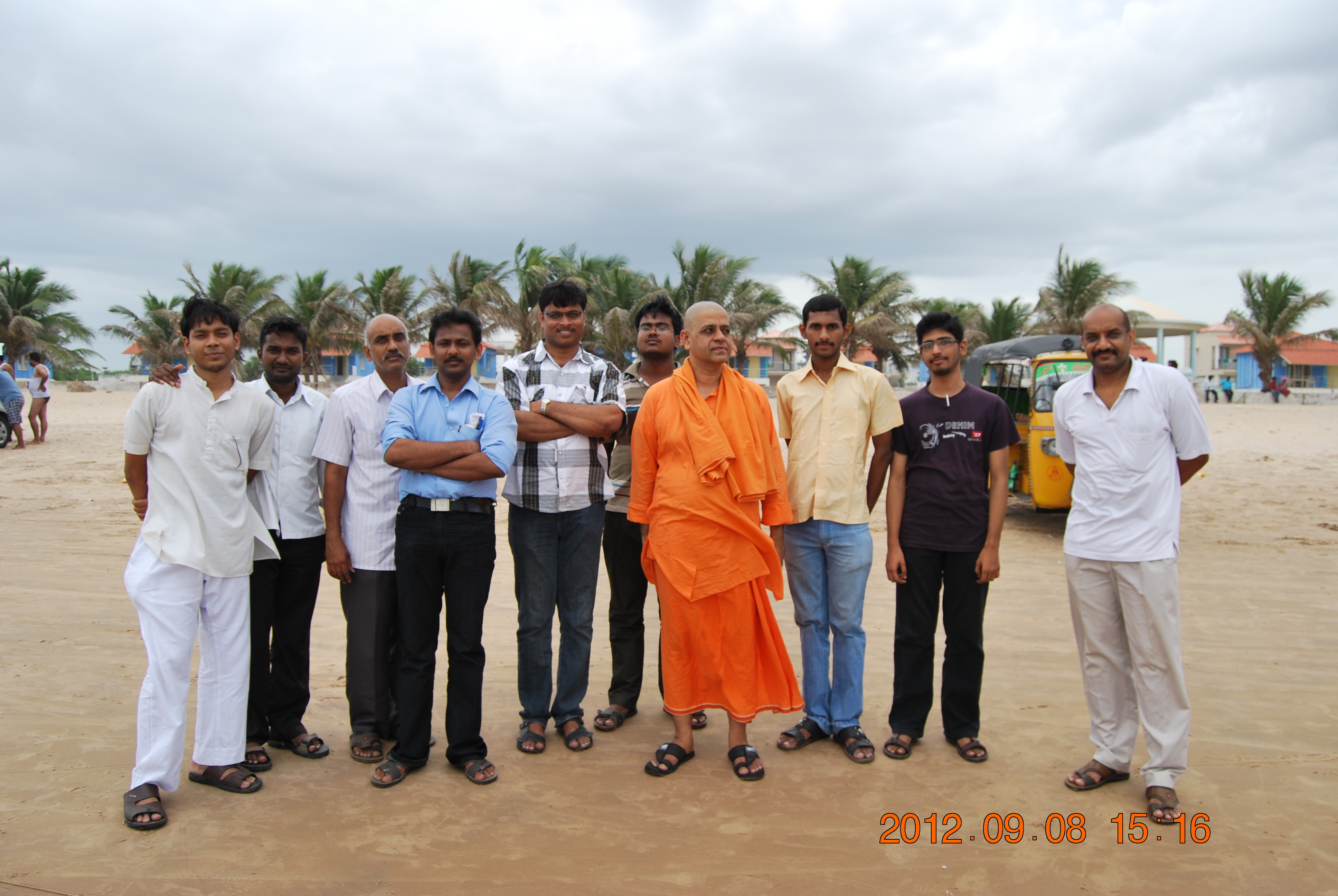 Rev. Swami Atmashraddhanandaji Maharaj at Suryalanka Beach with youth members.